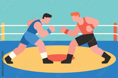 Illustration Of Two Young Wrestlers Wearing Blue And Red Wrestling Pants, Competing Vector Design Template