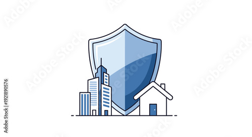 A large light blue shield is positioned centrally with modern city buildings and a traditional house on a crisp white background.