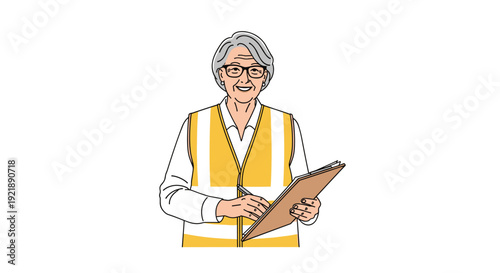 A smiling elderly woman with gray hair and glasses, wearing a yellow safety vest, holds a clipboard and pen while looking at the viewer.