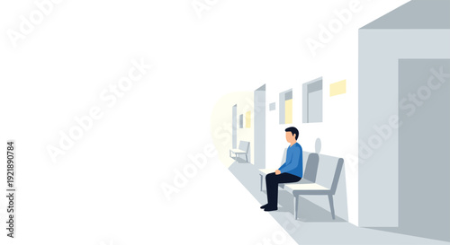 A lone man sits patiently on a simple bench in a minimalist, long, and sparsely lit hallway or waiting area with faint light from windows.