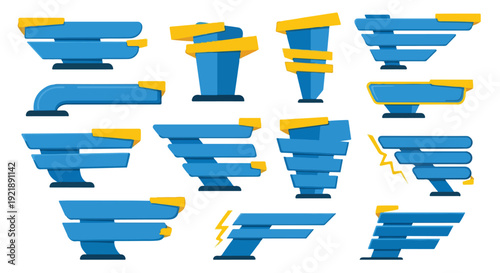 Collection of various blue and yellow 3D pipe fittings and connectors on a white background.