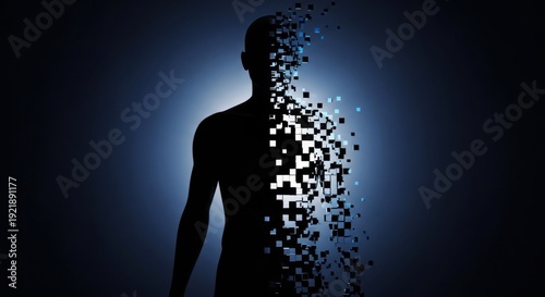 Human silhouette disintegrating into digital data squares