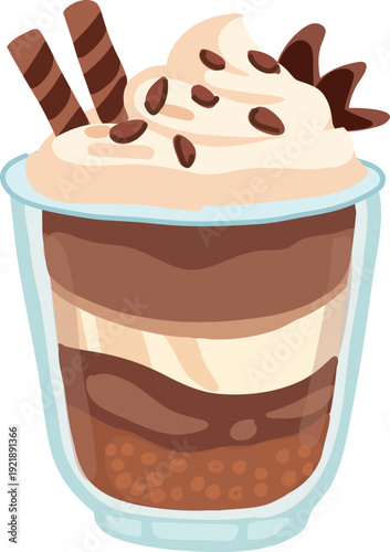 A layered chocolate dessert in a glass cup topped with whipped cream, chocolate beans, and wafer sticks in a flat vector illustration style.