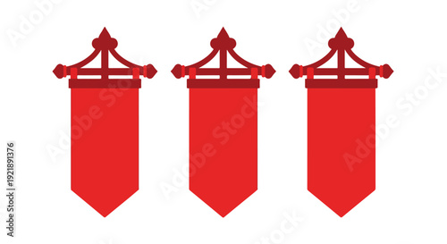 Three red pennant banners with decorative tops hang side by side on a white background.