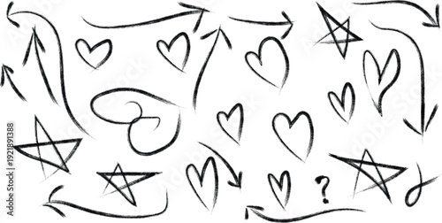 Hand drawn hearts and stars with arrows on white background