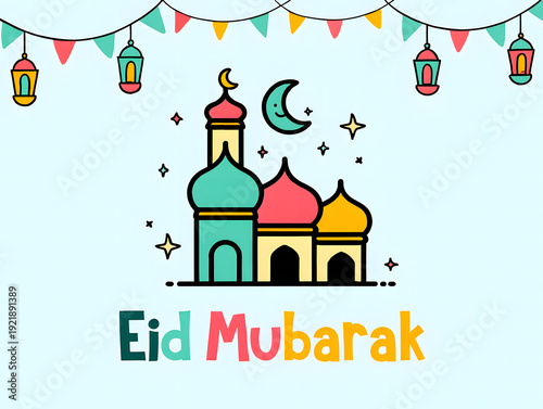 Cute Eid Mubarak illustration with colorful mosque, crescent moon and hanging lanterns on soft pastel background