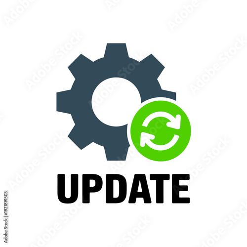 Gear with green refresh icon and update text on white background