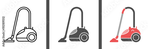 Three different colored vacuum cleaners in simple line style icons  household cleaning tools