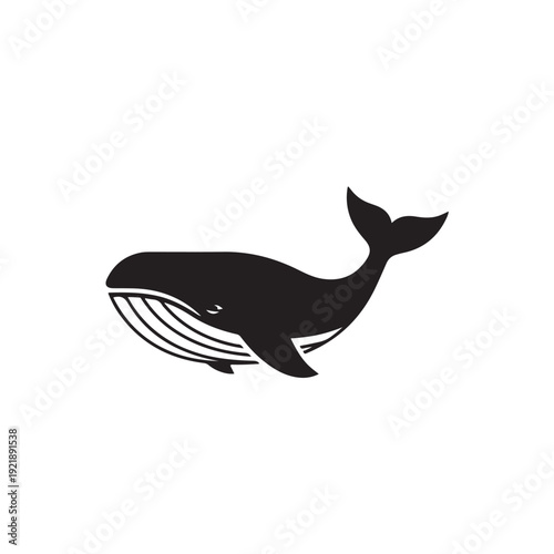 Minimalist black whale silhouette swimming icon on a clean white background, representing marine life, ocean creatures, and aquatic ecosystems in a simplified graphic form