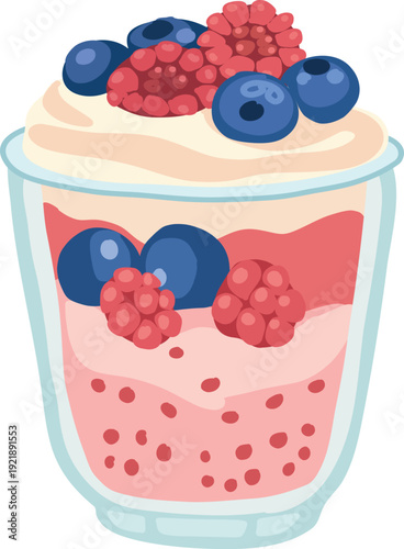 A layered berry dessert in a glass cup topped with whipped cream, blueberries, and raspberries in a flat vector illustration style.