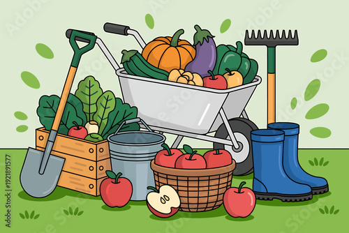 Cartoon garden tools and fresh produce on green grass outdoor scene