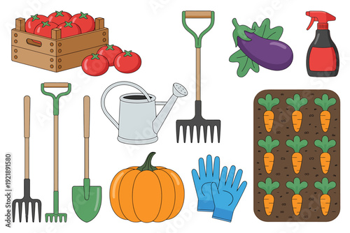 Gardening tools and vegetables for home gardeners and farmers  essential equipment and produce