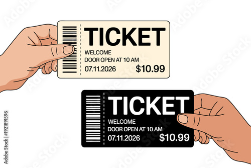 Two hands holding sample tickets with barcode and details  entrance tickets