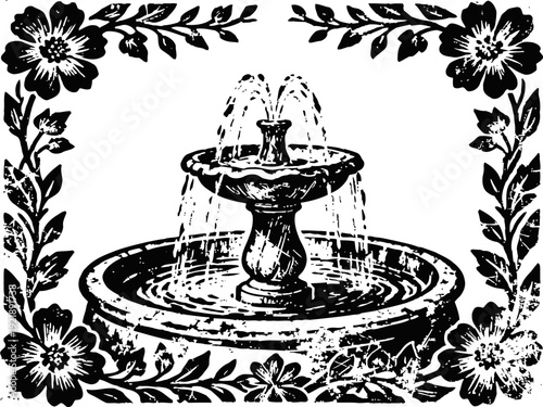 Ornamental garden fountain with floral frame decorative water feature surrounded by flowers and leaves vintage illustration