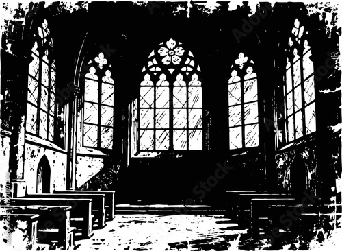 Gothic church interior with tall stained glass windows and wooden pews in black and white silhouette