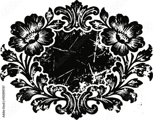 Vintage floral frame with ornate decorative swirls and distressed texture design