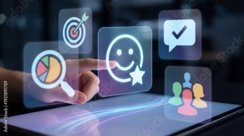 Digital Feedback and Review Interface Floating Smiley Star Target Checkmark and People Icons