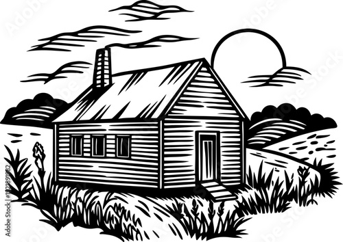 Rustic wooden cabin in nature with chimney, surrounded by grass, hills, sun, and clouds