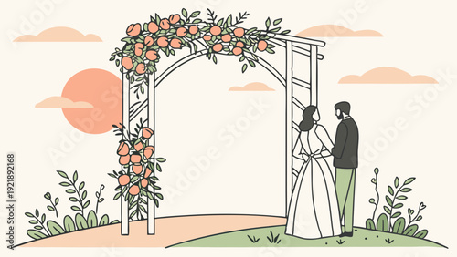 Outdoor Wedding Ceremony Arch with Bride and Groom Celebrating Love and Commitment at Sunset for Event Design