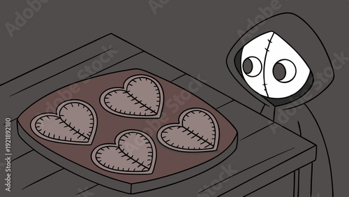 Creepy Stitched Heart Cookies on Tray Awaits Mysterious Hooded Figure for Valentine's Day Baking Horror Story Illustration (148 characters)