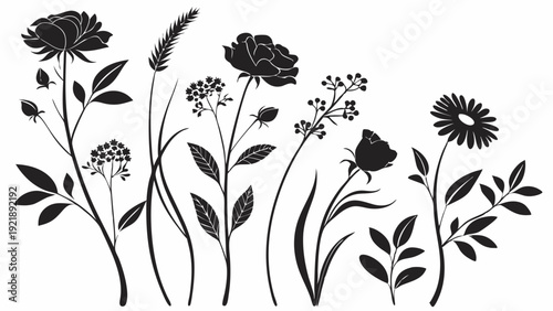 Elegant Black Silhouette Wildflower Bouquet for Rustic Wedding Invitations Botanical Design Elements for Spring Decor