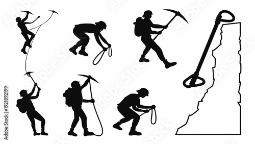 Ice Climbing Silhouettes Set Mountaineering Adventure Icons for Extreme Sports Web Design and Motivational Posters