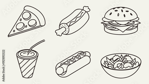Outline Fast Food Icons Set for Restaurant Menu Design Website Graphics Delicious Pizza Burger Hotdog Drink Salad