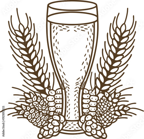wheat and barley grains with a glass of beer illustration beer ingredients and brewing concept design