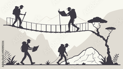 Adventurous Hikers Navigating Rope Bridge and Terrain for Travel Blog Web Design Success and Outdoor Adventure Marketing
