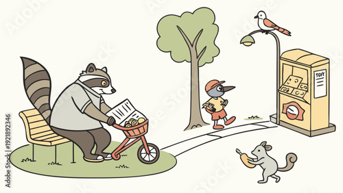 Charming Woodland Animals Reading Newspaper on Park Bench with Mailbox for Community Newsletter or Local News Design