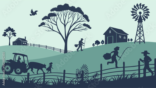 Rustic Farm Life Silhouette with Tractor Windmill Barn and Family Working Together for Agriculture Web Design