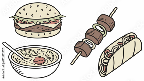 Delicious Fast Food Icons Set Hamburger Kebab Hot Dog Soup for Restaurant Menu Design or Food Blog Graphics