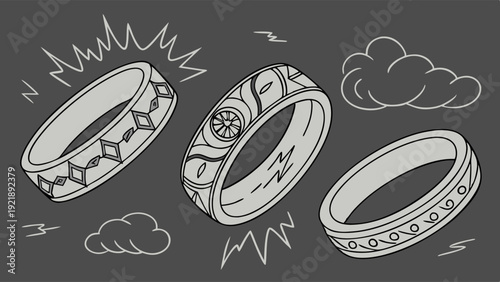 Engraved Magic Rings Jewelry Collection for Fantasy Game Assets Web Design UI Elements Mystical Power Icons