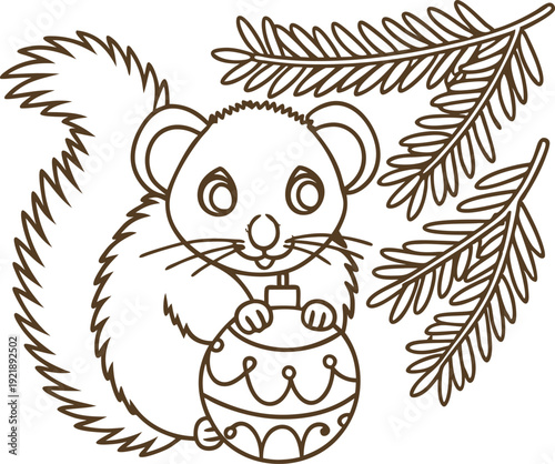 Cute squirrel holding decorated christmas ornament under pine tree branches line drawing