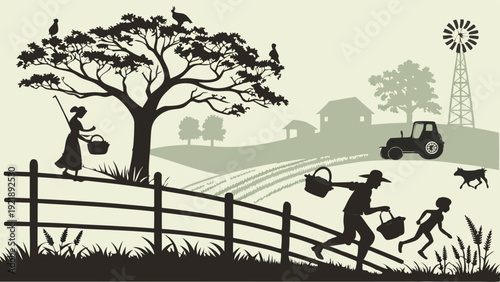 Rustic Farm Family Carrying Baskets Running Past Fence Toward Tractor and Windmill for Agriculture Illustration