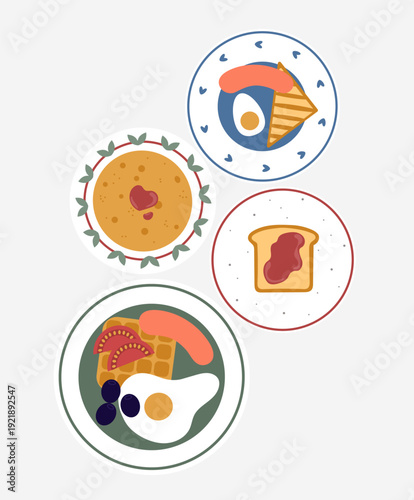 Various breakfast plates with pancakes and jam, egg and sausage, toast and tomatoes, olives. Flat stickers, kitchen morning, dinner, lunch. Vector illustration