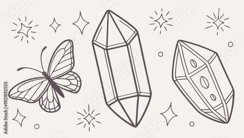 Mystical Butterfly and Sparkling Crystal Quartz Gems for Witchcraft, Esoteric Design, Spiritual Branding, and Boho Decor Projects