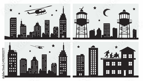 Urban Skyline Silhouettes Four Scenes Cityscape Night Rooftop Action Water Towers for App Design or Hero Images
