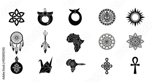 Collection of Diverse Black and White Symbols and Icons.