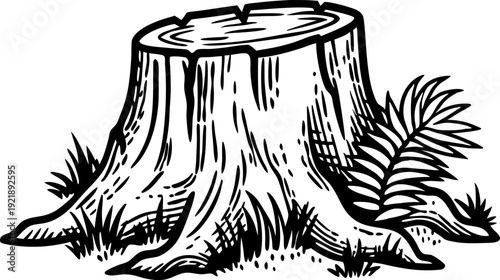 Black and white illustration of a tree stump with ferns and grass surrounding its base