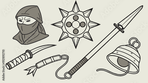 Vintage Japanese Ninja Weapons and Mask Set for Historical Game Design or Martial Arts Education Graphics