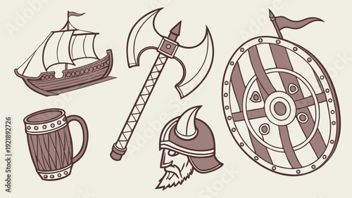 Viking Warrior Gear Set Ship Axe Helmet Shield Mug for Gaming History Design Adventure Themed Projects