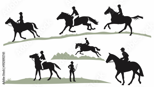 Equestrian Silhouettes Horseback Riding Jumps Galloping Riders for Sports Design and Outdoor Adventure Graphics