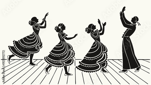 Vintage Silhouette Dancers Performing Joyful Traditional Folk Dance for Cultural Festival or Theatrical Event