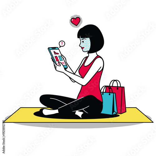 Fashion ecommerce and online shopping illustration of a woman sitting on a yoga mat using a smartphone to shop, featuring shopping bags and a heart icon in flat line art style.