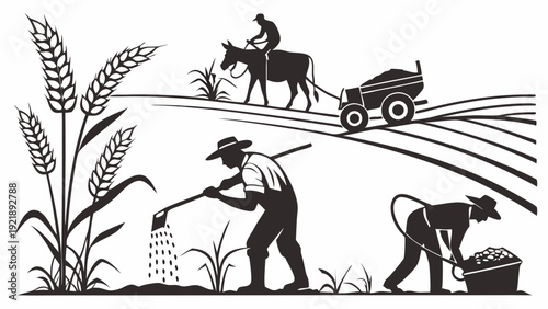 Vintage Silhouette of Farmers Sowing Seeds Plowing Fields and Harvesting Wheat for Agriculture Industry Brochures and Seasonal Campaigns