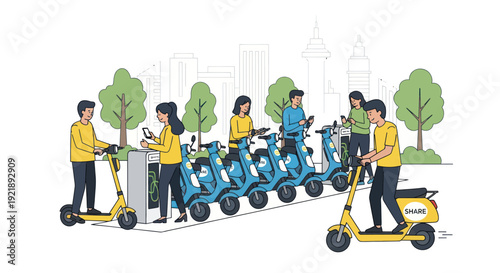 People Renting Electric Scooters in a City Urban Environment