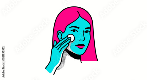 Skincare and beauty routine illustration of a woman applying a facial cotton pad to her face, concept for dermatology, makeup removal, and morning or night cosmetic care in flat line art.