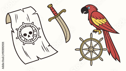 Pirate Treasure Map Scroll Sword Parrot and Ship Wheel Icons for Adventure Game Design or Holiday Promotion Fun