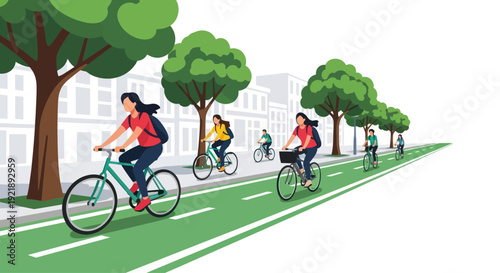 People cycling on a dedicated bike lane through a green urban cityscape with trees and buildings